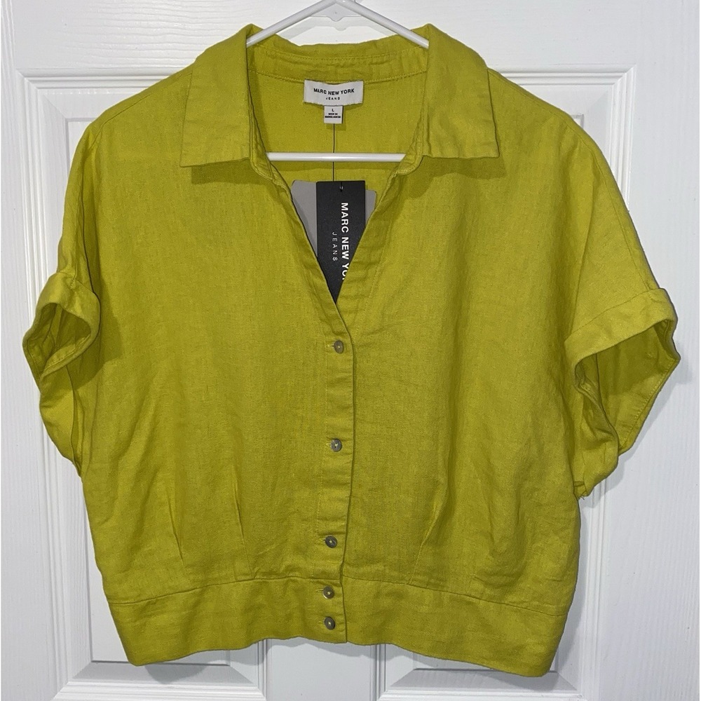 NWT Marc New York Jeans L Linen Blend Cropped Camp Shirt Chartreuse Lime Green - Picture 2 of 8